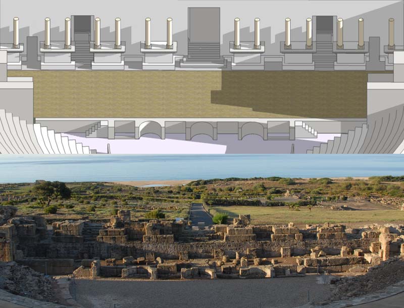 Bélo, le bâtiment de scène du théâtre, état actuel et restitution © M. Fincker, J.-Ch. Moretti